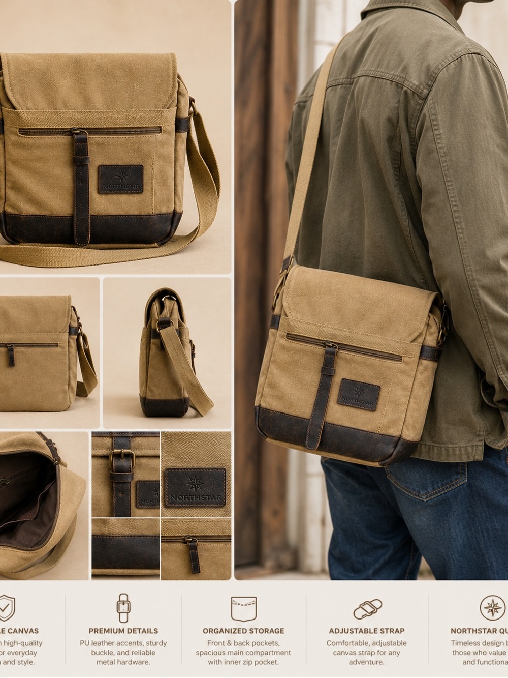 Canvas Messenger Bag for Men - Khaki